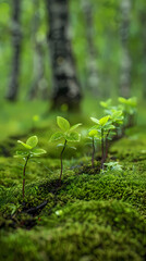 Fototapeta premium Small green trees growing on moss