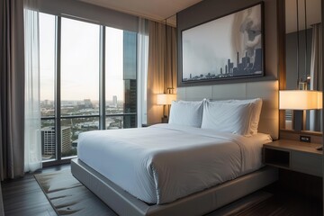 luxurious hotel suite bedroom with plush kingsize bed crisp white linens ambient lighting and panoramic city views through floortoceiling windows