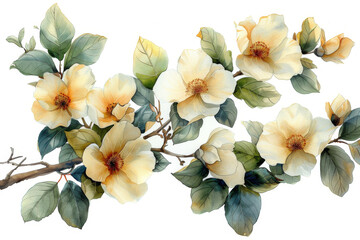 A watercolor painting clipart of an elegant floral branch with soft cream flowers and green leaves, on a white background, in the style of a vintage inspiration, cottagecore.