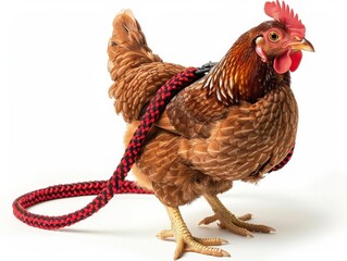 Chicken wearing red leash