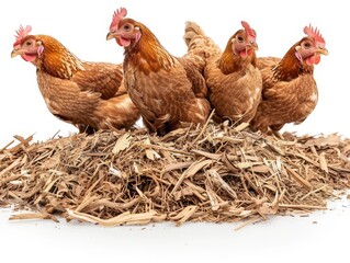 Fototapeta premium Four brown hens on a pile of wood shavings, white background