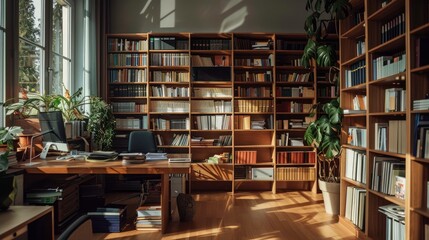 Obraz premium Modern Private Office Featuring a Stylish Bookshelf