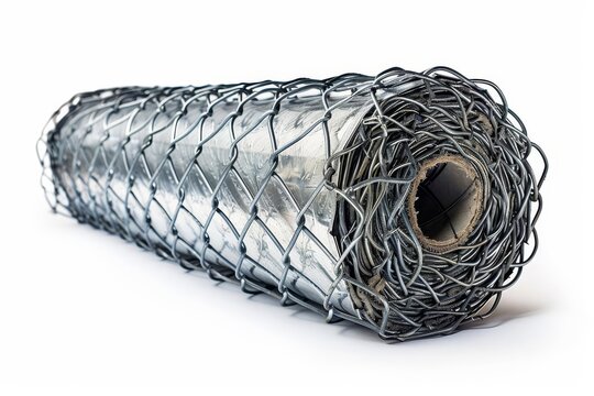A roll of galvanized wire mesh on a white background