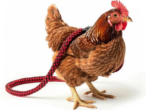 Chicken wearing red leash