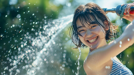 Obraz premium ホースを持って笑顔のアジア人女性