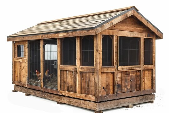Wooden chicken coop with a shingled roof and a screened-in porch, white background