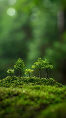 Small green trees growing on moss