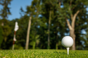 Closeup Golf ball on green grass on course