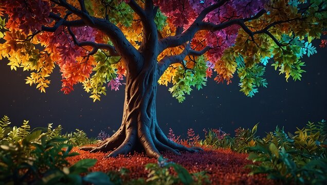Elegant colorful tree with vibrant leaves hanging branches. 3d abstraction wallpaper