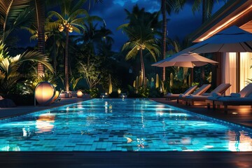 luxurious tropical resort pool at night illuminated swimming area