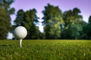 Closeup Golf ball on green grass on course