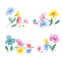 Set of watercolor hand-drawn floral compositions. Abstract colorful flowers. 
