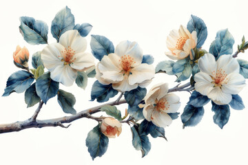 watercolor branch with flowers and leaves on a white background clipart, isolated on the left side, highly detailed and realistic in the style of well lit, soft neutral colors.