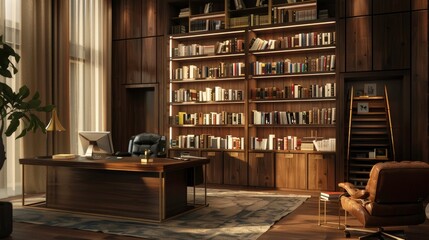 Obraz premium Sleek Private Office with Built-In Bookshelf