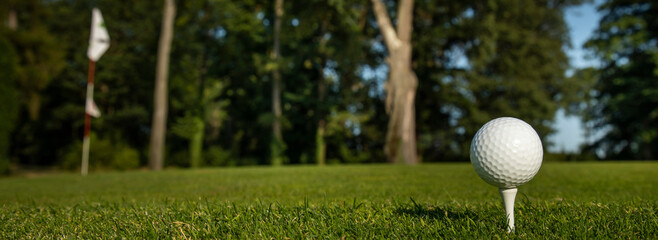 Golf ball and clubs in golf field 