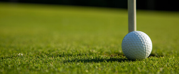 Closeup Golf ball on green grass on course