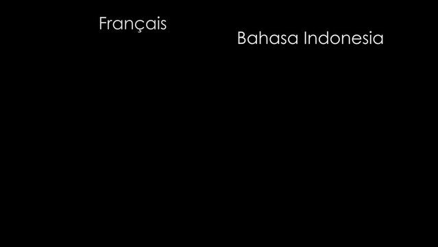 The names of the languages of the peoples of the world in their languages move chaotically on a black background. Slow motion. Cg
