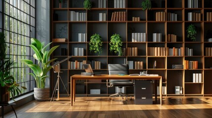 Elegant Private Office with Contemporary Bookshelf Design