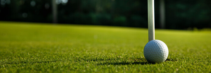 Closeup Golf ball on green grass on course