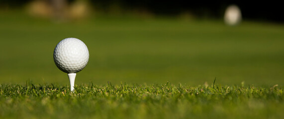 Closeup Golf ball on green grass on course