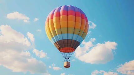Naklejka premium A colorful hot air balloon floats in a bright blue sky with fluffy white clouds.