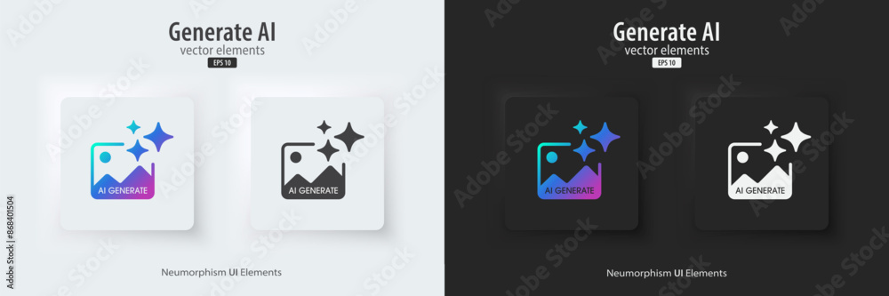 Aufkleber AI generate image icon. A set of buttons with symbols. Image enhancement, improved quality, generated. Artificial intelligence technology concept. Neumorphism style, UI UX design, Vector illustration.