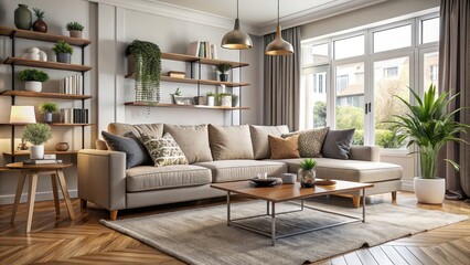 Cozy and modern living room interior with plush sofa, coffee table, and decorative elements, living room, interior design