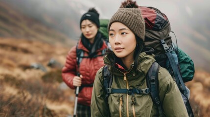 Fototapeta premium Asian Woman Hiking. Couple Enjoying Outdoor Hike in Mountainous Terrain
