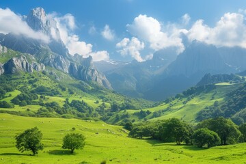 Obraz premium Stunning Landscape of Naranjo de Bulnes with Clear Blue Sky and Green Grass