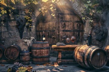 Naklejka premium Old Wine Cellar with Oak Barrels, Winery Basement, Wine Cellar, Copy Space