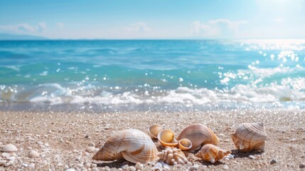 On the sandy beach by the sea there are seashells scattered about It s the perfect spot for a relaxing seaside vacation with plenty of copy space image 