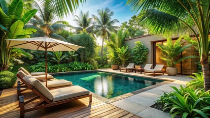 Fototapeta premium Tropical paradise retreat with lush greenery, tranquil ambiance, and cozy lounge chairs by a pool , Tranquility