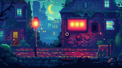 Pixel art game background with button level up. Game design concept in retro style. Vector illustration. Game screen pixel 