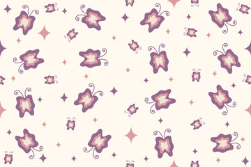 Boho style seamless pattern. Butterfly wallpaper design. Retro pastel color endless Summer background. Simple naive vector aesthetic can used waal decor, fabric, textile print template, EPS 10