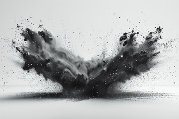 Black ink splash explosion isolated on white background, 3D rendering illustration in the style of flat lay, top view, front view.