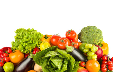 Set of vegetables and fruits isolated on a white. There is free space for text.