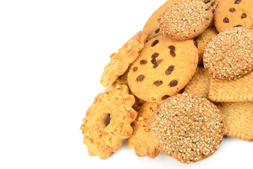 A variety of cookies isolated on a white. There is free space for text.