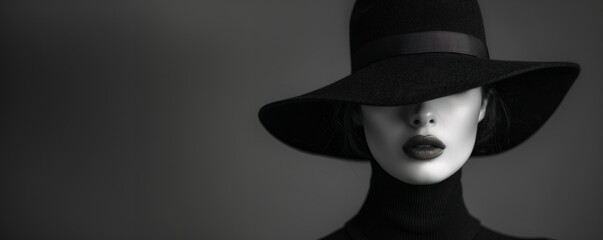 Elegant lady in wide brimmed hat on grey background. Black and white portrait of young and beautiful woman. Retro fashion, monochrome noir concept. Banner with copy space