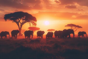 Obraz premium majestic elephant herd silhouetted against fiery african sunset dusty savanna stretching to horizon acacia trees casting long shadows capturing raw wilderness and family bonds