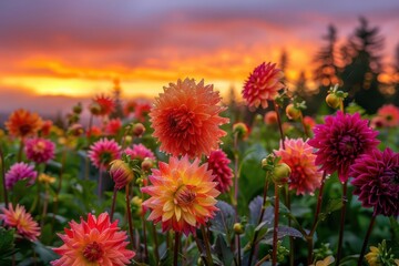 majestic field of colorful dahlias glistening with raindrops at sunset panoramic garden photograph © Bijac