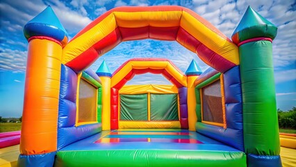 Vibrant close-up of an inviting bounce house entrance exuding joy and excitement, bounce house, inflatable, colorful