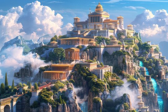 majestic fantasy palace atop mount olympus mythological architecture concept digital illustration