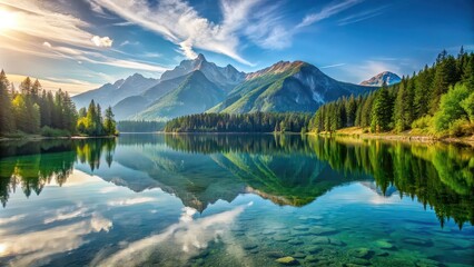 Naklejka premium Beautiful painting of a serene mountain reflecting on a crystal-clear lake , landscape, nature, scenery, art, acrylic
