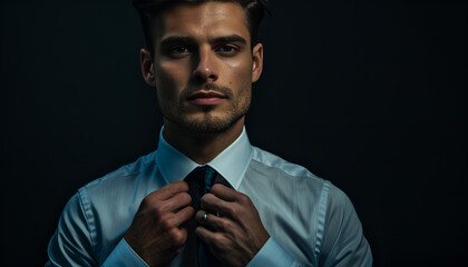 Young handsome man fixed tie isolated on black background, face part, successful businessman