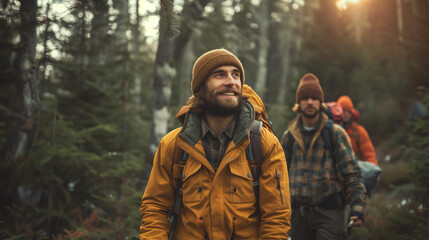 Obraz premium people hiking in a scenic forest capturing moments of adventure and fun, nature, hiking, exploration, outdoor activity, summer time