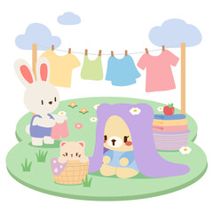 Cute Kawaii Animal Laundry Day. Adorable Cartoon Illustration. Kawaii Animals Doing Laundry. Cute and Colorful Illustration.