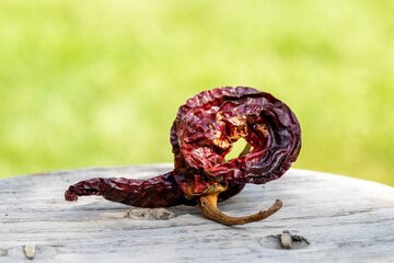 Artistic photo of two dry red peppers on a wooden background and blurred green background. Concept art.