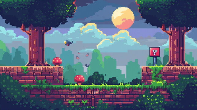 Pixel art game background with button level up. Game design concept in retro style. Vector illustration. Game screen pixel 