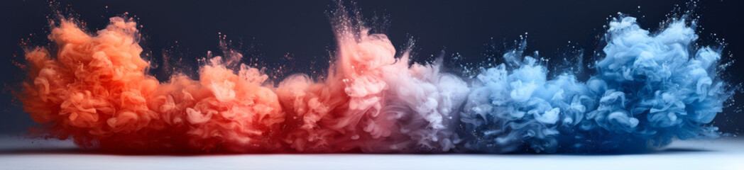 4 red and blue paint explosion clouds on a white background, isolated, in the style of hyperrealism, high resolution photography.