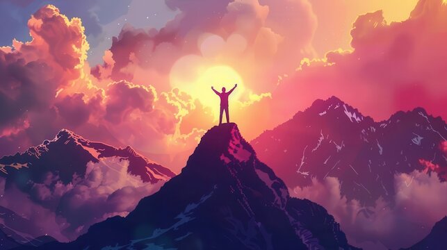 triumphant mountaintop moment man celebrating success and accomplishment concept illustration